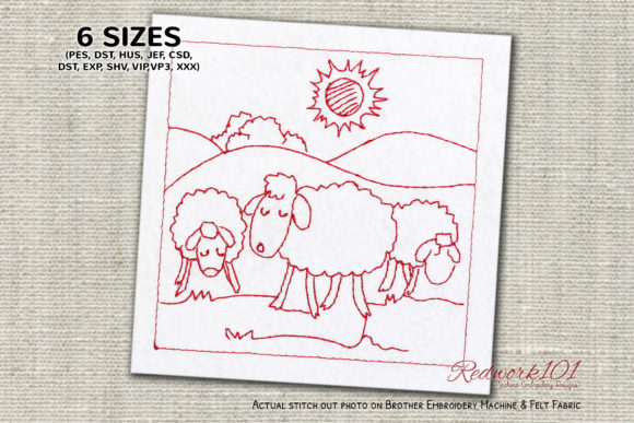 Sheep Eating Grass in Field Redwork Review